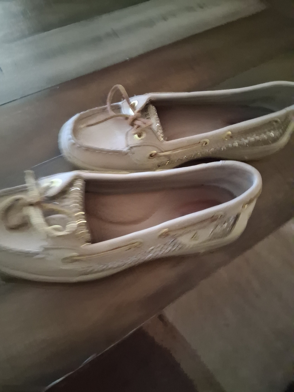 Sperry Beige Moccasin-Style Boat Shoes with Gold Accents